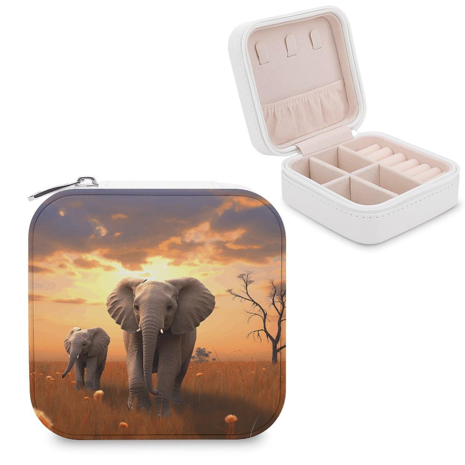 VstaDank Cute Wild Elephant Travel Jewelry Case Zipper Portable Small Jewelry Box Custom Pu Leather Mini Traveling Jewelry Organizer for Rings Earrings Necklace Bracelet Girls Women