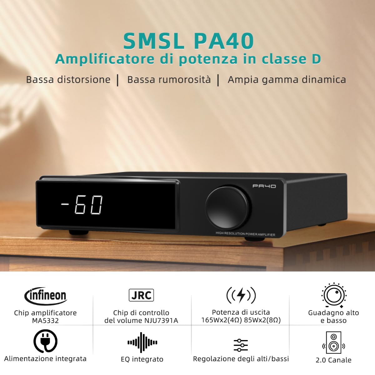 SMSL PA40 Amplificatore di potenza in classe D, amplificatore stereo 165Wx2 per altoparlanti passivi, con chip MA5332/ Controlli EQ/Bassi/Alti/Alimentazione integrata