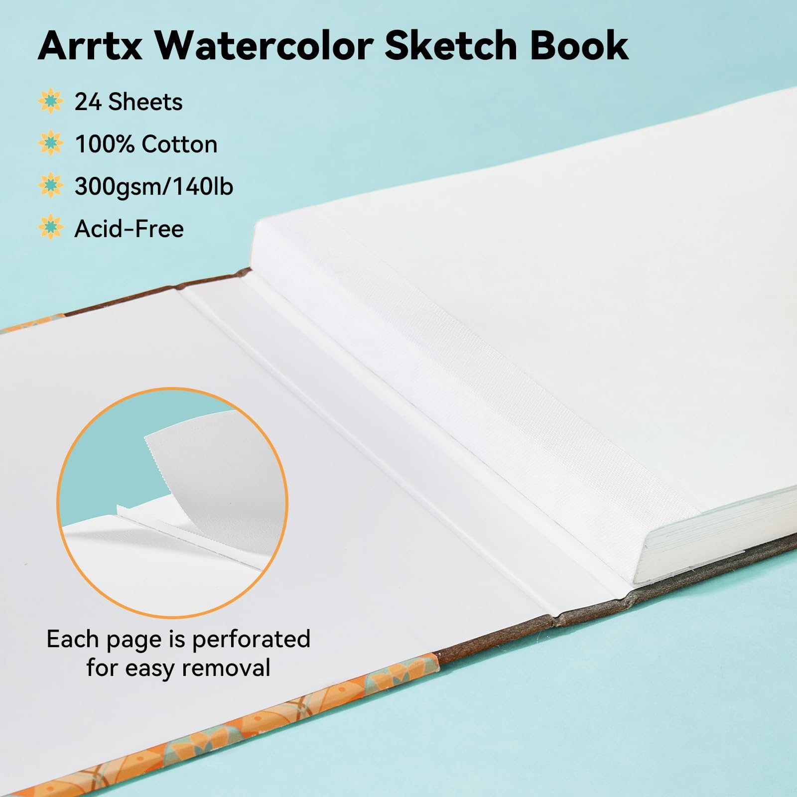 Arrtx Square Watercolor Paper Sketchbook, 7.09x7.09'', 140 LB, 300 GSM, 100% Cotton Paper, Cold Press, 24 Sheets, Hardcover Watercolor Journal for Use As Travel Notebook for Artists Adults Students image 3