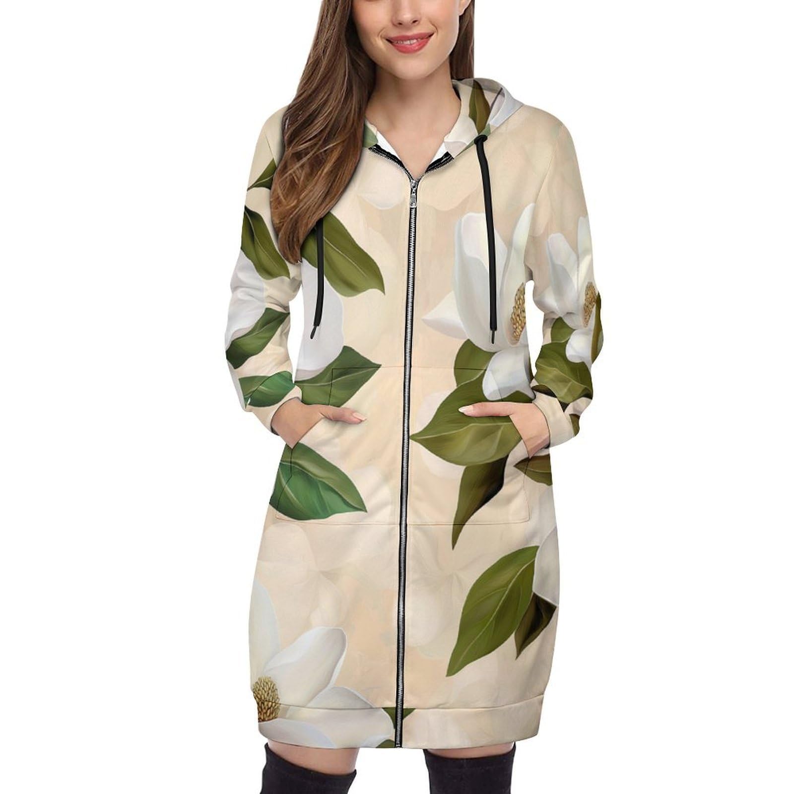 Felpa Donna con Zip Felpe Sportiva con Tasche E Cappuccio Magnolia Bianca Morbida Invernale Giacca Regolabile Confortevole per Uso Quotidiano Casual