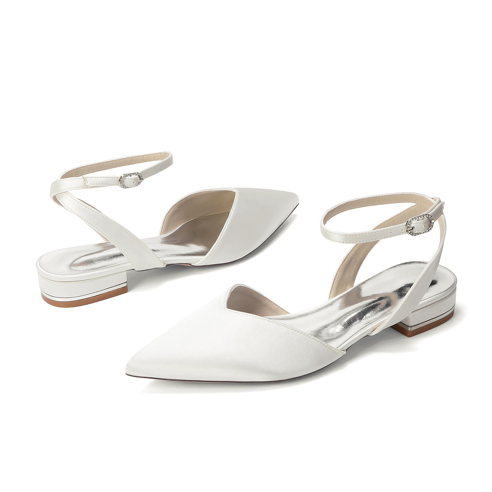 Scarpe da Sposa Donna Basse in Raso Avorio, Slingback Bianco Punta Ballerine Eleganti con Cinturino alla Caviglia e Fibbia di Strass Décolleté per Cerimonia e Sera