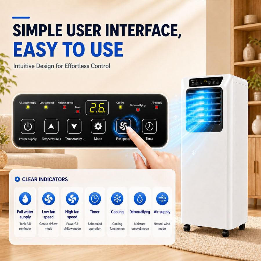 Climatizzatore Portatile Silenzioso e Smart per Camera da Letto e Ufficio 7000BTU | Modalità Raffreddamento, Deumidificazione e Sonno con Telecomando, Timer 12 Ore e Oscillazione 120° per Camera e Ufficio