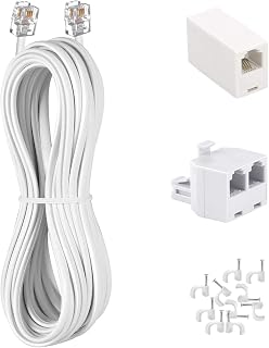 KINXIYU 15FT White Phone Cord RJ11 Landline Cable with Splitter, Coupler & 10 Cable Clips - Extension for Phones, Fax, Modems