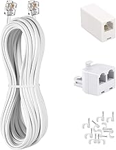 Phone Cord 15FT, Landline Telephone Cable with RJ11 Plug, Includes Telephone Inline Coupler RJ11 Splitter and 10pcs Cable Clips(White)