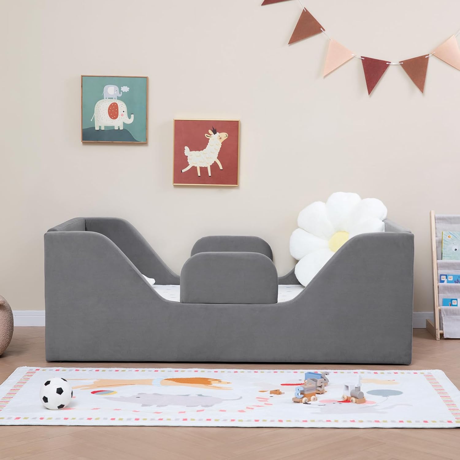 Toddler Floor Bed with Removable Safety Rails and Storage Bag, Kids Bed for Girl and Boys, Standard Crib Size, Safety Upholstered Child Beds, Low to Floor Design