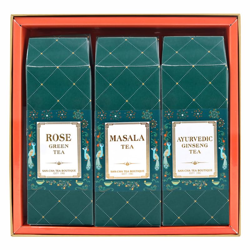 Image of Sancha Tea Boutique, Diwali Collection, Diwali Gift Box, Rose Green Tea, Ginseng Tea & Masala Chai, Loose Leaf Tea, Tea Assortment, Gift of Health, Premium Tea Hamper
