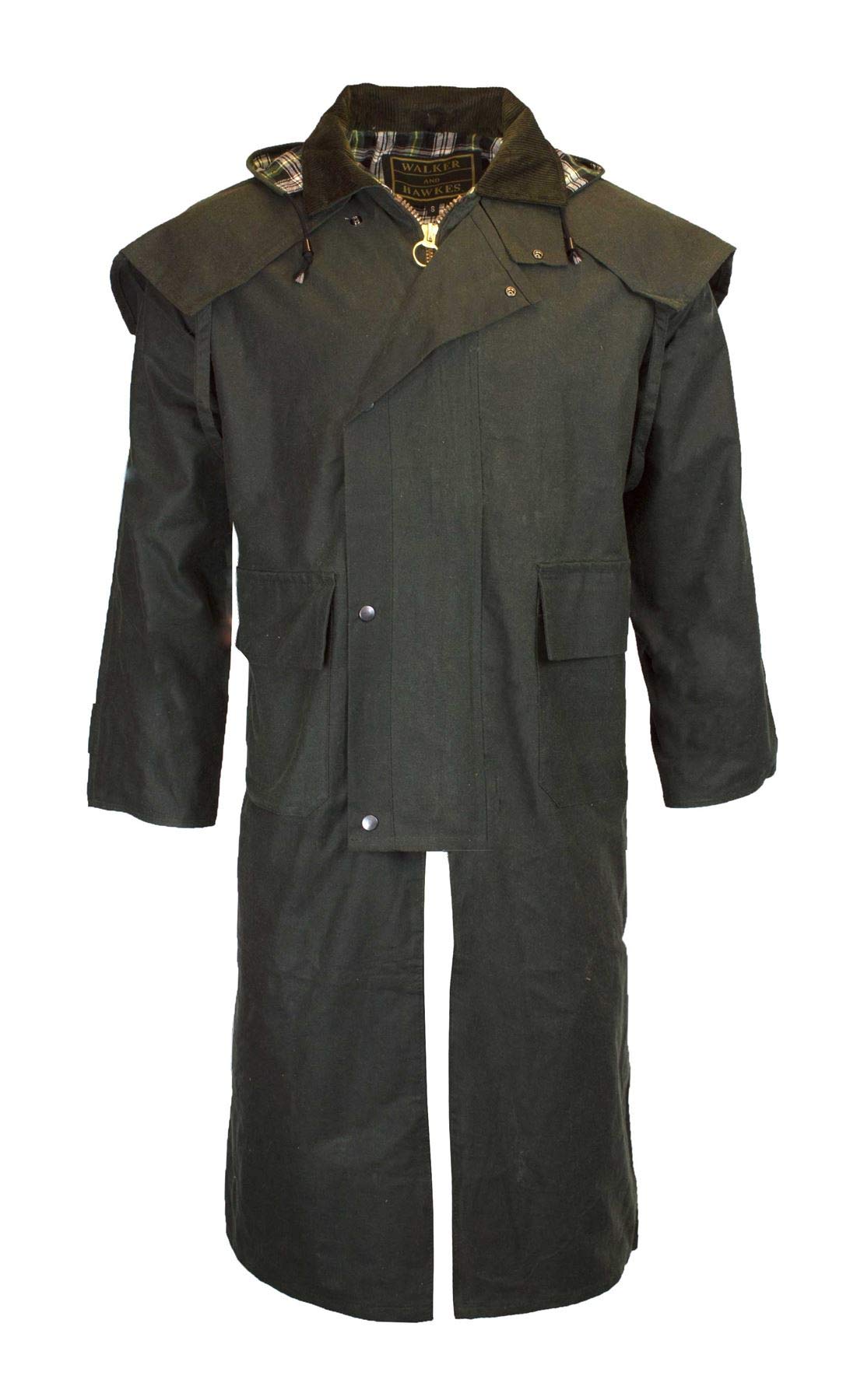 WALKER AND HAWKES - Men's and Women 100% Wax Cotton Stockman Olive Brown Water Resistent Heavyweight Cape Coat - Olive - L
