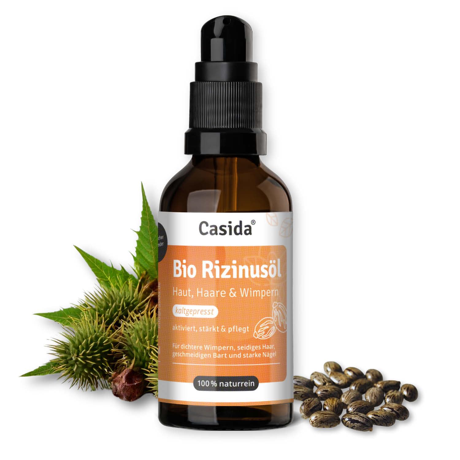 Casida Rizinusöl 50 ml – 100% Bio, Kaltgepresst, Glasflasche mit Pumpe