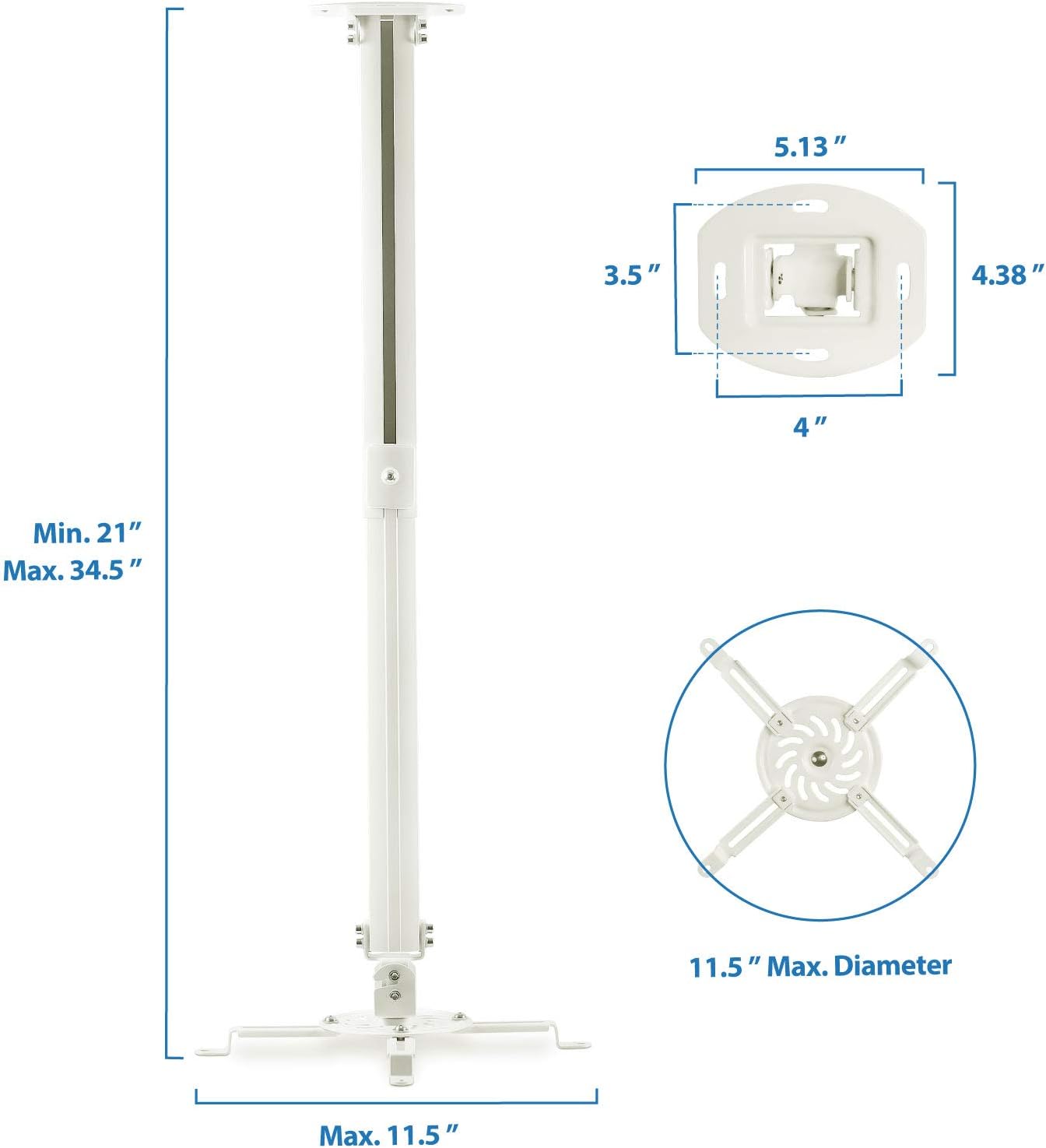 🔥 Mount-IT! Projector Ceiling Mount [30 lbs Capacity] Universal Bracket | 360 Full Motion with Tilt and Swivel Rotate | Adjustable Pole Height from 21-34.5 Inches, Extendable Arms (White | Long)
