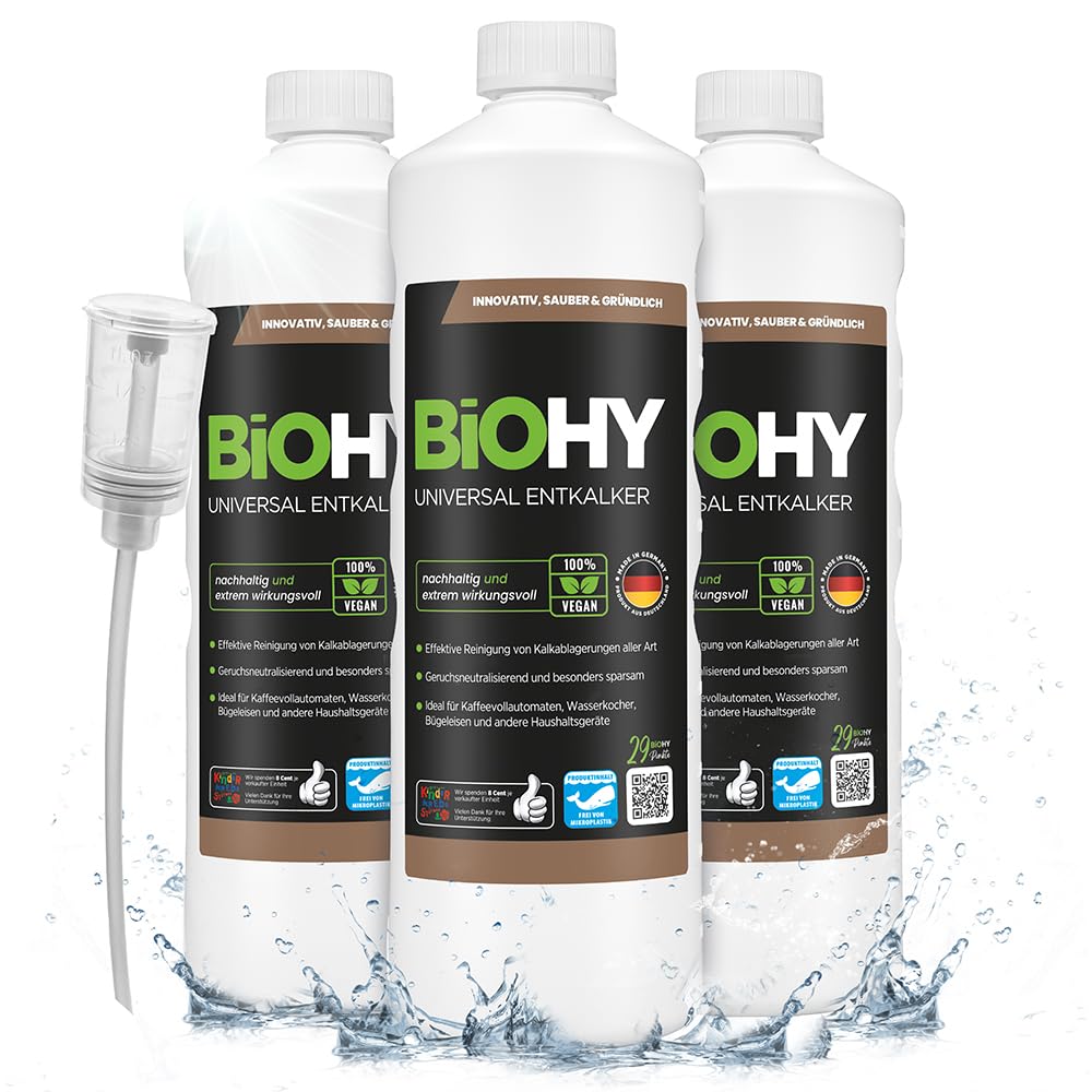 BiOHY Descalcificador universal (3 botellas de 1 litro) + Dosificador | Universeel concentraat voor alle huishoudelijke apparaten | Compatibel met alle koffiemachines en espressomachines (Entkalker)