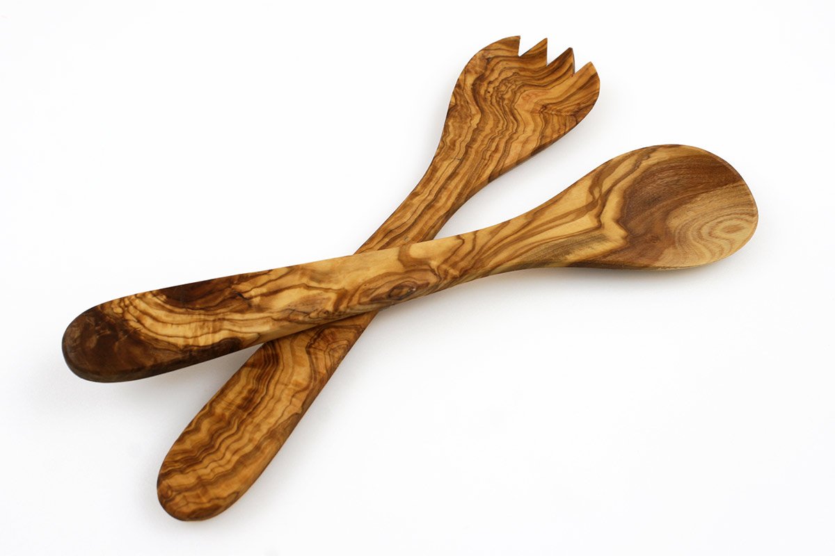 Olive Wood Salad Server Set - 12 Inch Wooden Tongs