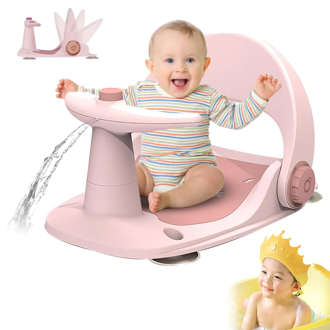Foldable Baby Bath Seat with Non Slip Suction Cup Ergonomic Baby Bath Support Chair for Bathtub Baby Bath Support Seat with Mat and Water Spray Button 6 to 24 Months (Pink)