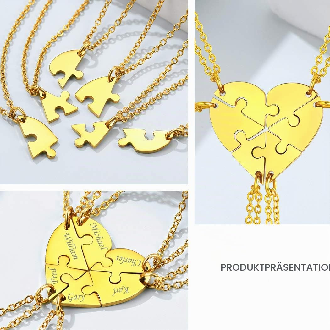 Suplight Freundschaftsketten personalisiert Namensketten 18k vergoldet/Edelstahl 2/3/4/5/6 teilige Herz Puzzle mit 46+5cm/1,5mm Rolokette Gravur für Damen Herren mit Geschenkbox