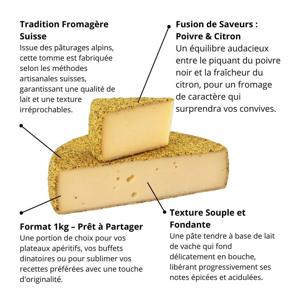 Tomme de l'Appenzell Poivre et Citron – Fromage Suisse d'Exception – Portion de 1kg – Lait de Vache – Saveurs Épicées et Acidulées – Idéal pour l'Apéritif et la Cuisine Créative