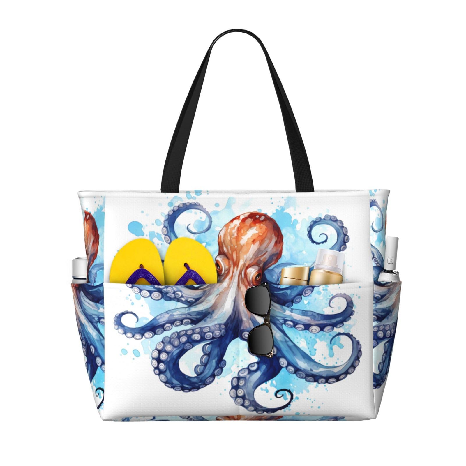 Edafol Watercolor Ocean Octopus Beach Bag Large Waterproof Sandproof Tote Bag Women Zipper Travel Beach Bags Swim Pool Gym Shopping Grocery Handbag