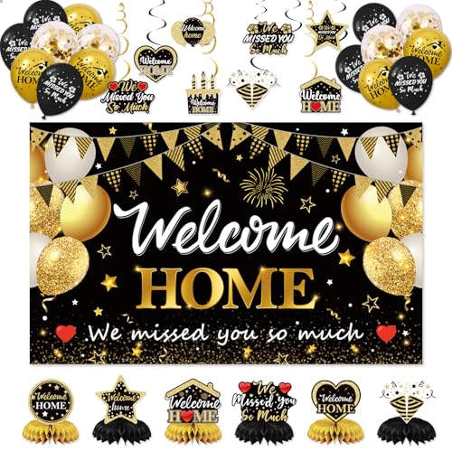 Welcome Home Banner Decorations,30PCS Black and Gold Party Decora...