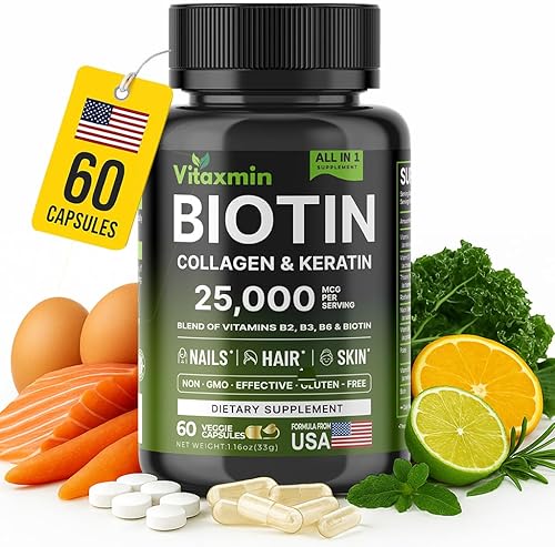Biotina 25,000 mcg con colágeno, queratina y ácido hialurónico - Vitaminas para el cabello, la piel y las uñas para mujeres y hombres