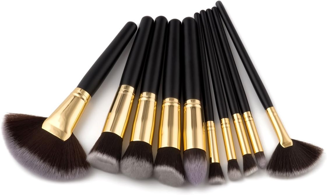 Efforty Silking 10Pcs Makeup Brushes Set, Soft Synthetic Foundation Eyeshadow Blusher Beauty Cosmetic Tools (Brown Hair with Black Handle)