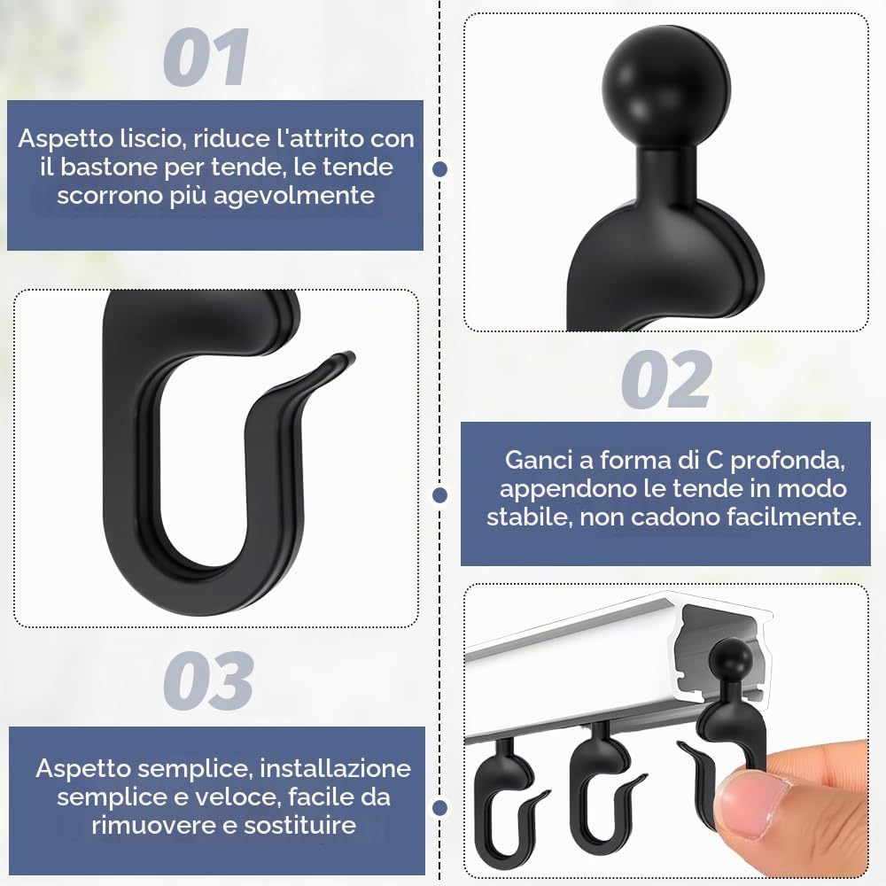 50 Pz Ganci in Plastica per Tende Gazebo, Ganci per Binario Tende Scorrevoli, Ganci per Teli Laterali e Tende Zanzariere da Gazebo Scorrevoli, Ganci Invisibili Binari Tende Universali - Nero