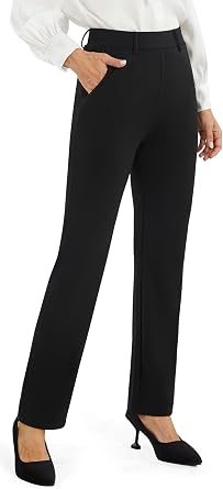 AFITNE Straight Leg Trousers with Pockets for Women UK 29''/31''/33'' - Ladies Stretchy Business Office Casual Bootcut Flared Yoga Pants Pull On Womens Smart Trousers