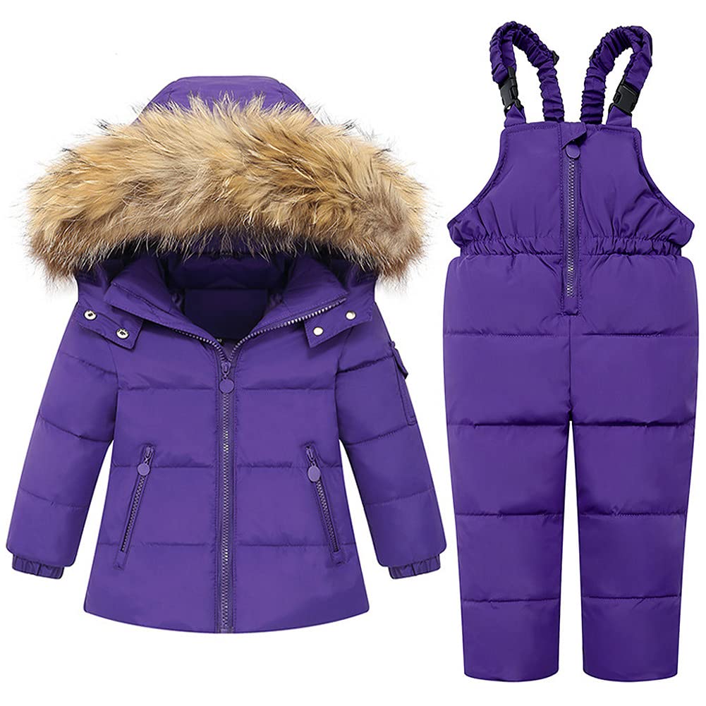 Conjunto de ropa de invierno para bebé/niño pequeño, 2 piezas, traje de esquí, traje de invierno de dos piezas (chaqueta de plumón con capucha de pelo + pantalones de plumón/peto)