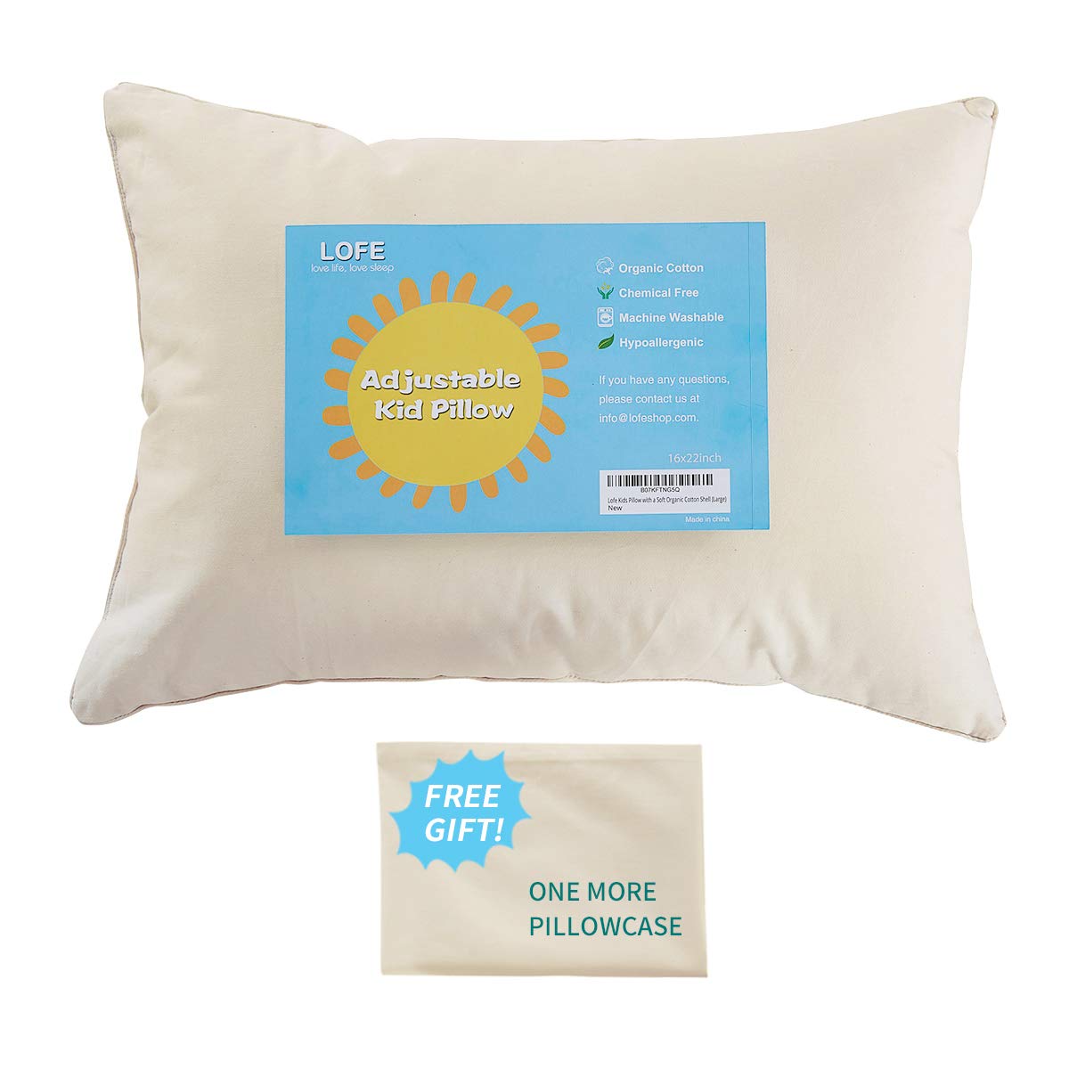 Lofe Standard Size Pillow with Pillowcase, Natural Organic Cotton Zippered Shell, Adjustable Loft 20x26, Washable and Hypoallergenic