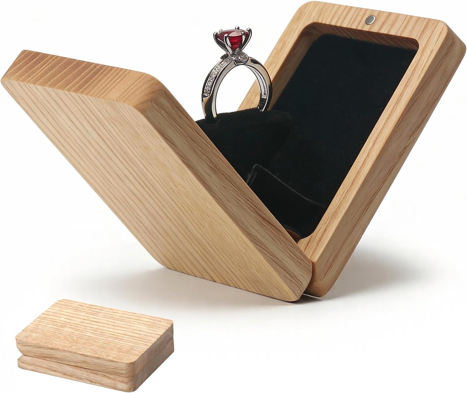 Yookin Engagement Ring Box Wood Rotating Proposal Ring Box For Wedding Valentine's Day Ceremony Jewelry Gift Case (Ash Wood One Slot)