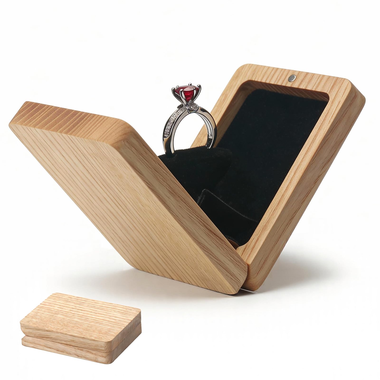 Yookin Engagement Ring Box Wood Rotating Proposal Ring Box For Wedding Valentine's Day Ceremony Jewelry Gift Case (Ash Wood One Slot)