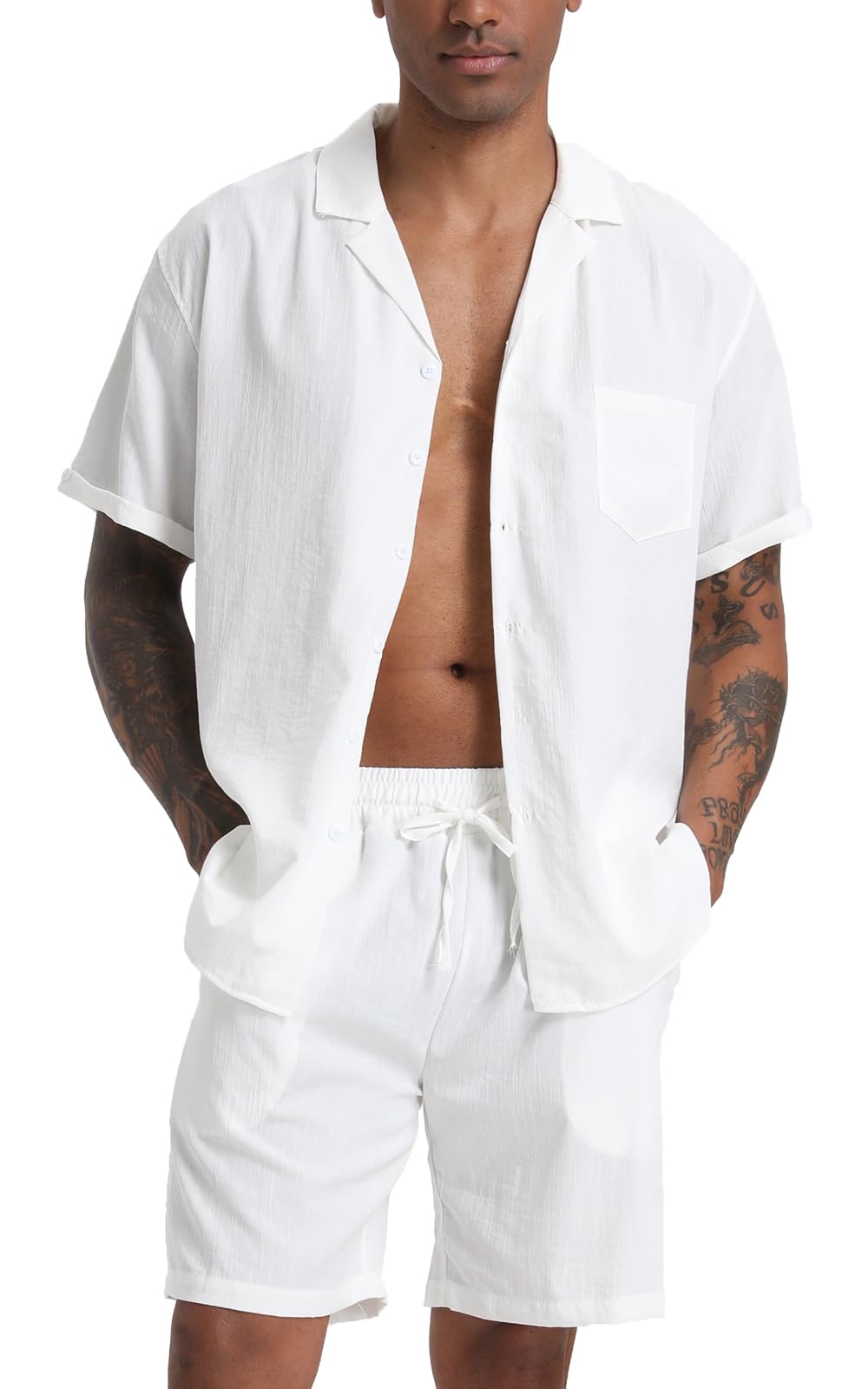 RPOVIGMen's Linen Shirts Shorts Outfits Beach 2 Pieces Sets Button Down Suit Casual Summer Tracksuit Vacation Clothes