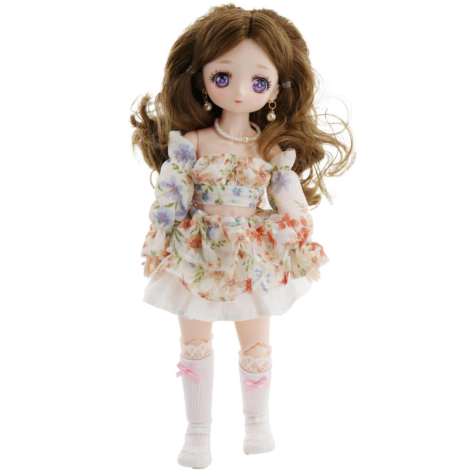 ONRRI 1/6 Scale Anime Doll, with Orange and Blue Floral Skirt, Jointed Body, Shoes, Stand (ZYDM033)