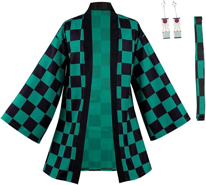 Men Women Anime Cosplay Robe Color Block Kimono Cardigan Jacket Earrings Set