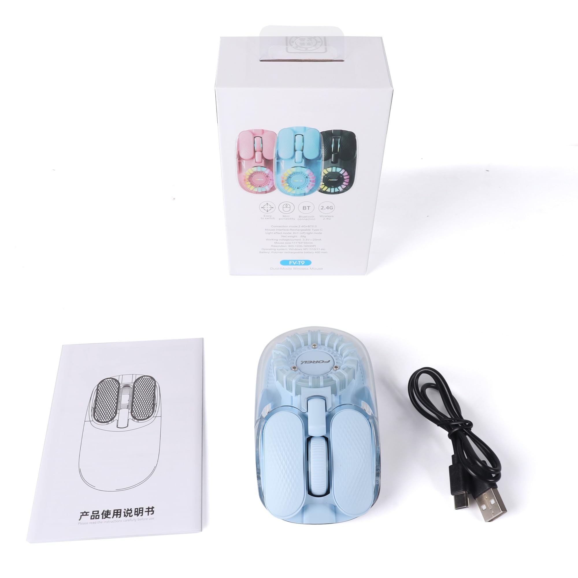 LIKE SHOW Mouse Bluetooth senza fili con ricevitore Nano USB, Tri-Mode (BT5.1+ BT5.1 + 2.4 GHz), mouse wireless silenzioso ricaricabile, copertura trasparente, mouse RGB per laptop, PC, iPad, Mac, blu