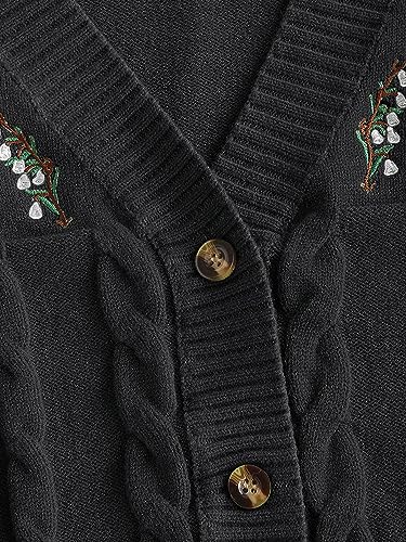 ZAFUL Women's Button Up Embroidered Cable Knit Cardigan V Neck Long Sleeve Cropped Sweater3