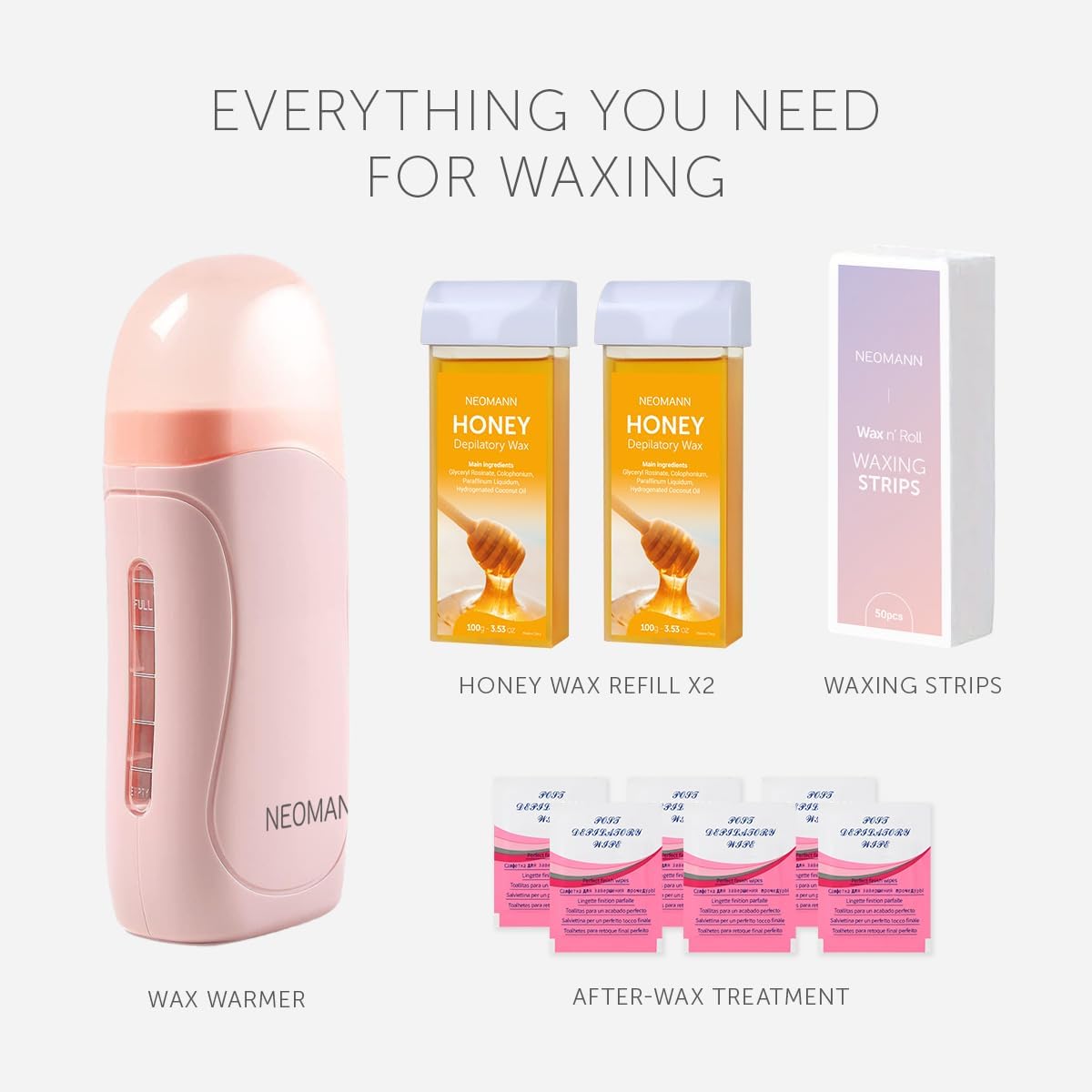 2x Honey Wax n Roll Kit d'épilation | Chauffe-cire Roll On avec 2x cartouches de miel (Rose), 50 bandes de cire et 6 lingettes de soin – Qualité salon pour la maison