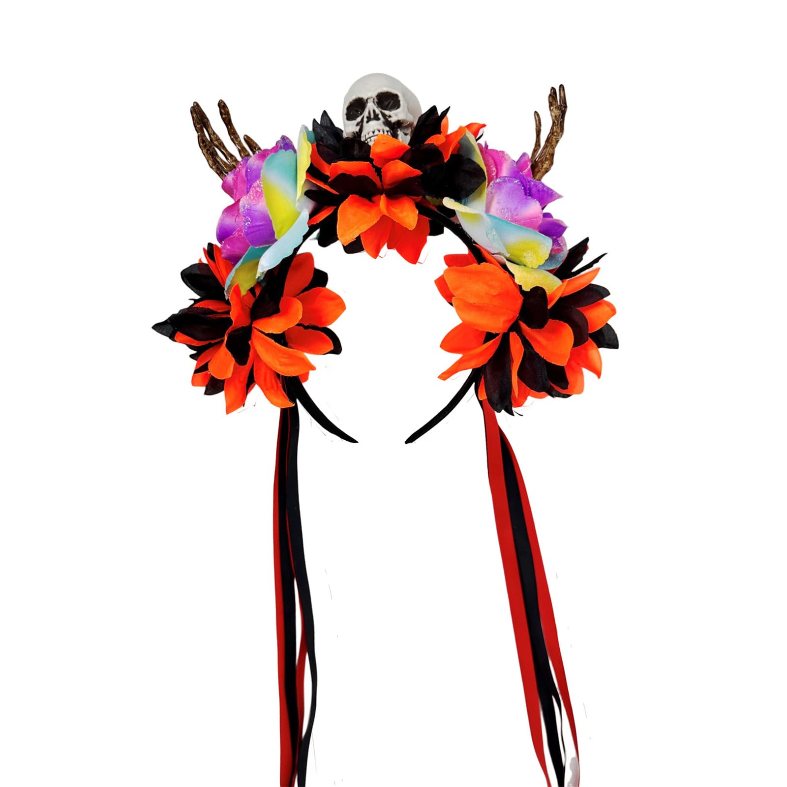 MICFENY Adjustable Skull Headpiece With Floral Skeleton Hands Halloween Hairband For Women Men Costume Accessories
