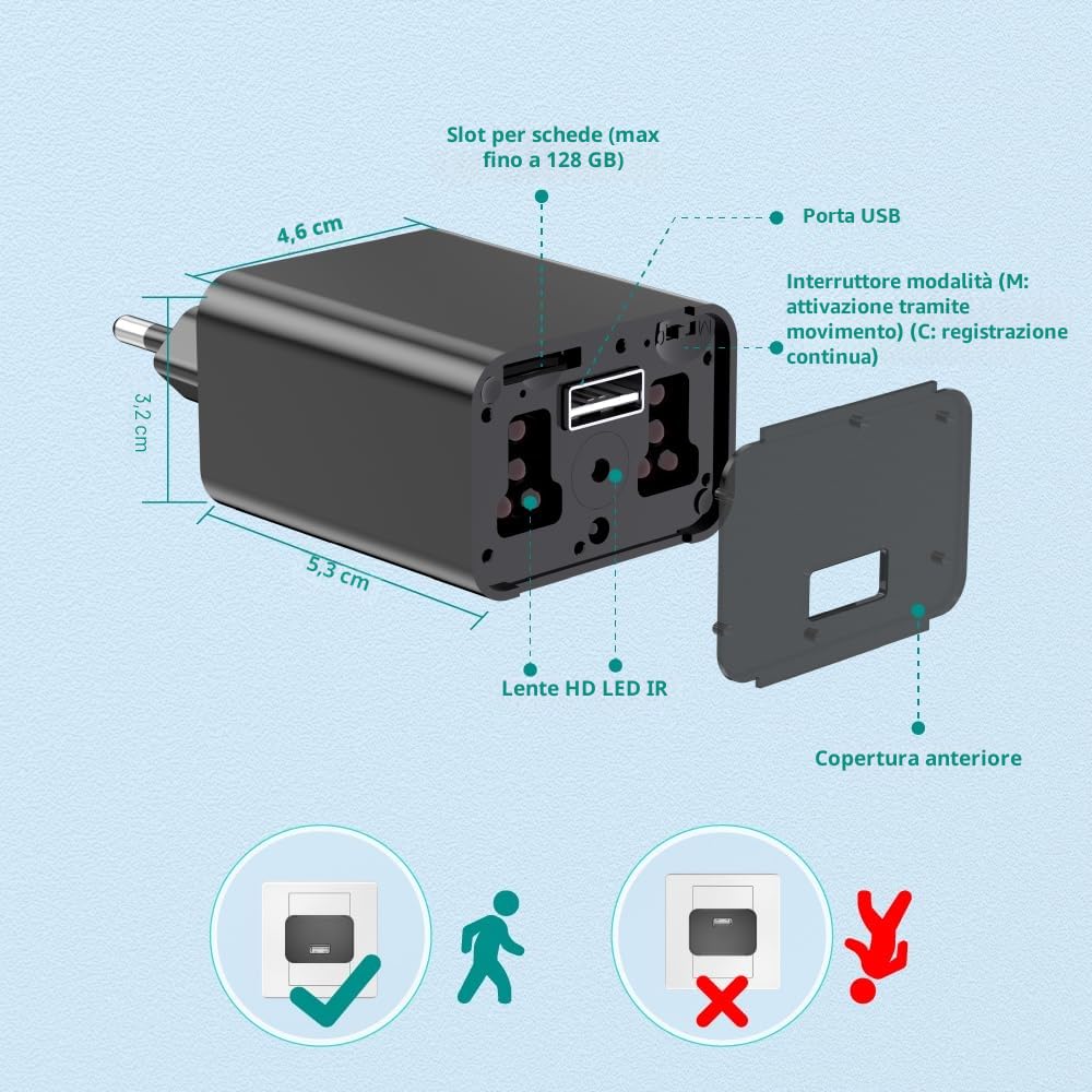 Mini Telecamera Spia nascosta 64GB Con Caricatore USB, 1080P HD, Con Rilevazione Di Movimento, Visione Notturna, Mini Telecamera Per La Sicurezza Di