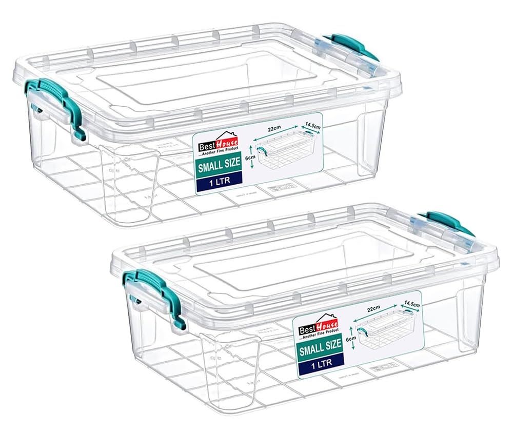 Best House | Small Plastic Storage Box with Clips & Lids | Size 1L (L:21.6cm W:14.6cm H:6cm)| Set of 2 | Flat Shape |Stackable Clear Multipurpose Home Office Kitchen Tools Crafts Bits N Pcs-1 Litres