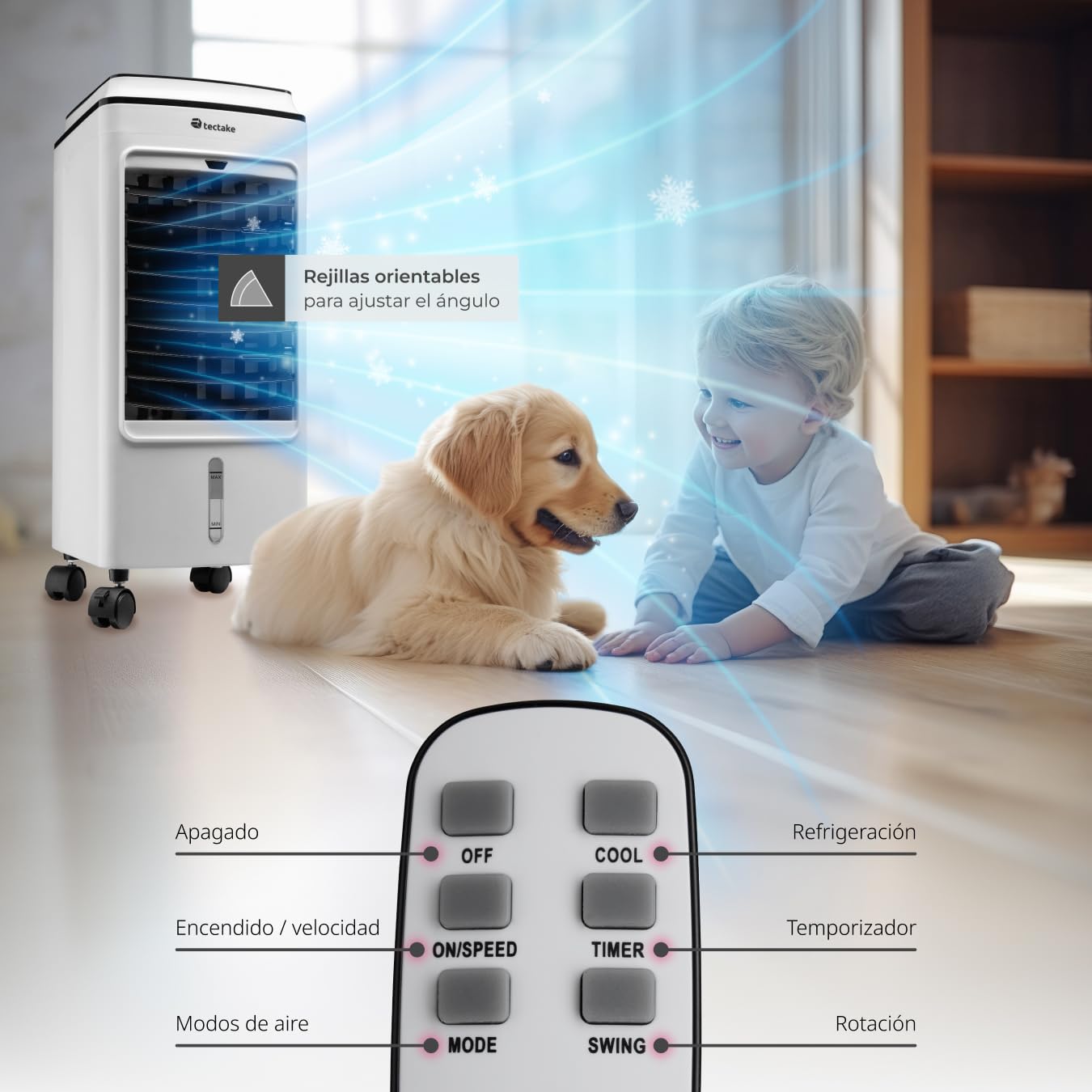 tectake® Climatizador Evaporativo, con Agua, Depósito con Indicador, Control Táctil LED, Mando a Distancia, Ventilador Silencioso, Ventilador Aire Frio - Blanco