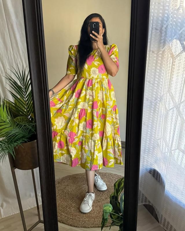 Image of Floral Midi Dress for Women - Summer Boho Dress, Lightweight & Breathable, Elegant Floral Print, Casual & Vacation Outfit, Comfortable Flowy Dress for Women