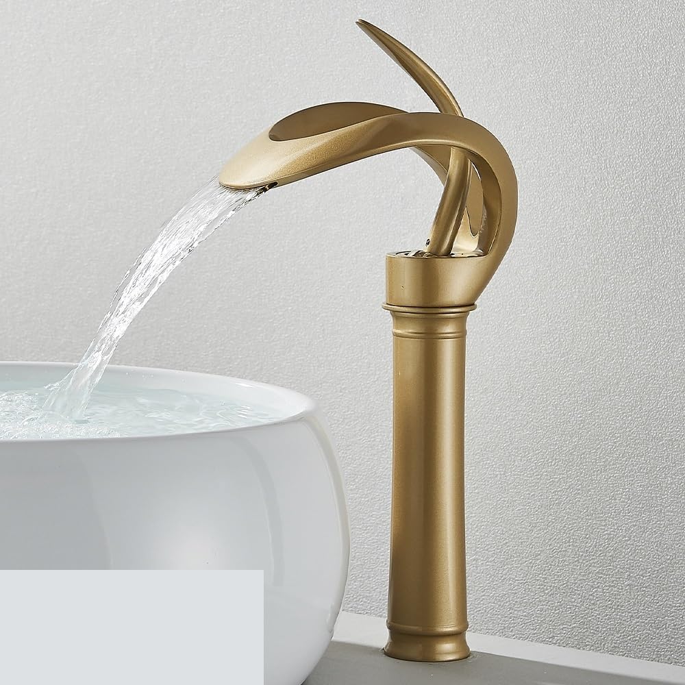 Grifo de Lavabo de baño Blanco, caño de Cascada de un Solo Mango, Grifo Mezclador de Agua fría y Caliente, grúa de Fregadero de Estilo Moderno Dorado Cepillado (Color : Brushed Gold)