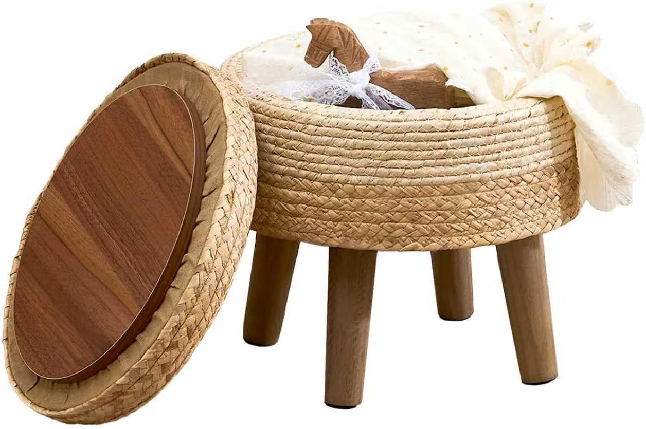 Cpintltr Handwoven Water Hyacinth Storage Ottoman, Natural Rattan Boho Chic Footstool, Round Wooden Base, Hidden Compartment, Modern Style, 13x13x12.2 Inches (Blue Mixed White)