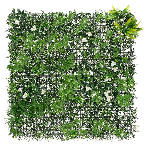 ECD Germany Jardin Vertical Artificial 100x100 cm White Bloom, Plantas Decorativas de Pared Interior/Exterior, Pantallas Valla de Privacidad Resistente a los Rayos UV, Panel de Seto para Balcón, Hogar