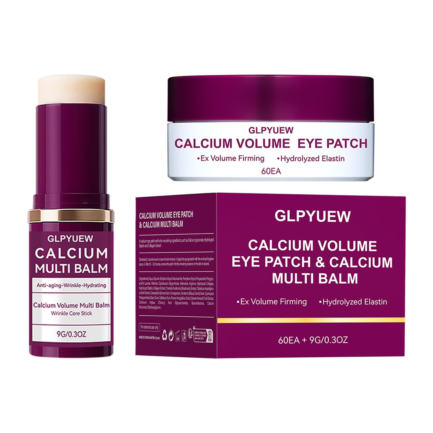 calcium multi balm stick & 60 hydrogel under eye patches (30 pairs),dual-effect eye care set for deep hydration & smoothing fine lines,gentle,skin-friendly (pack of 1)