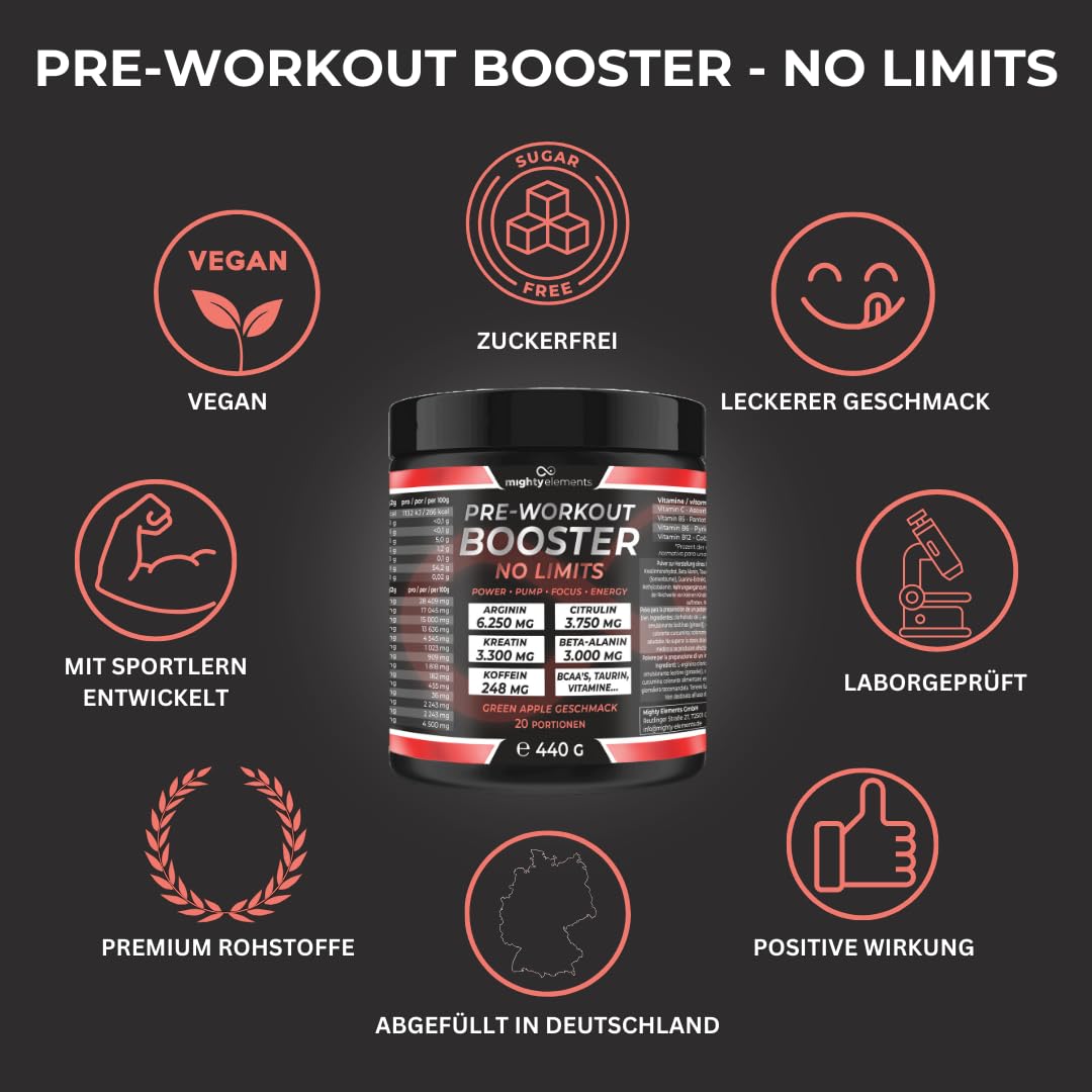Mighty Elements Pre-Workout Booster No Limits Pulver, Arginin 6.250 mg, Citrullin 3.750 mg, Kreatin 3,3 g, Beta-Alanin 3 g, Koffein 248 mg, Green Apple Geschmack, 20 Portionen, 440 g