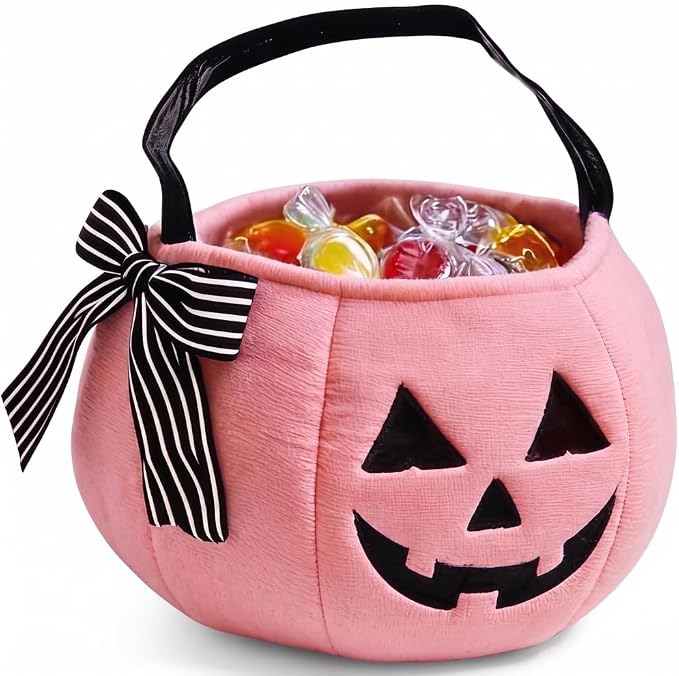 Halloween Basket, Trick Or Treat Bucket - Festive Pumpkin Design with Embroidery & Stripe Bow for Kids Style 1