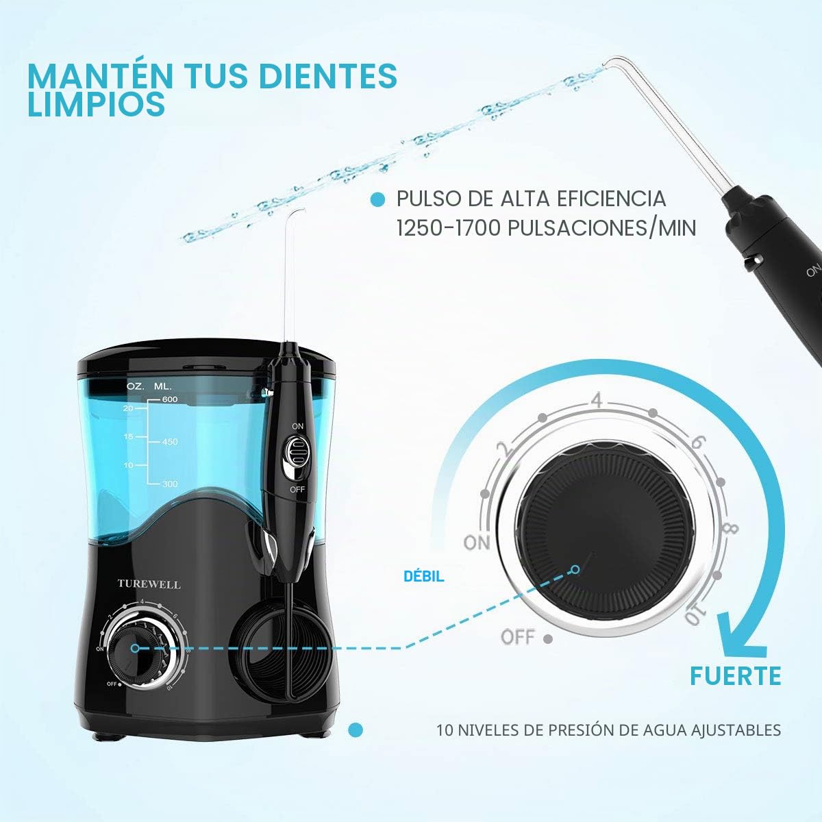 TUREWELL Irrigador Dental, Irrigador Bucal Professionale con 8 Boquillas Multifuncionales, Capacidad de 600ml, 10 Ajustes de Presión del agua, Limpieza Dientes Negro