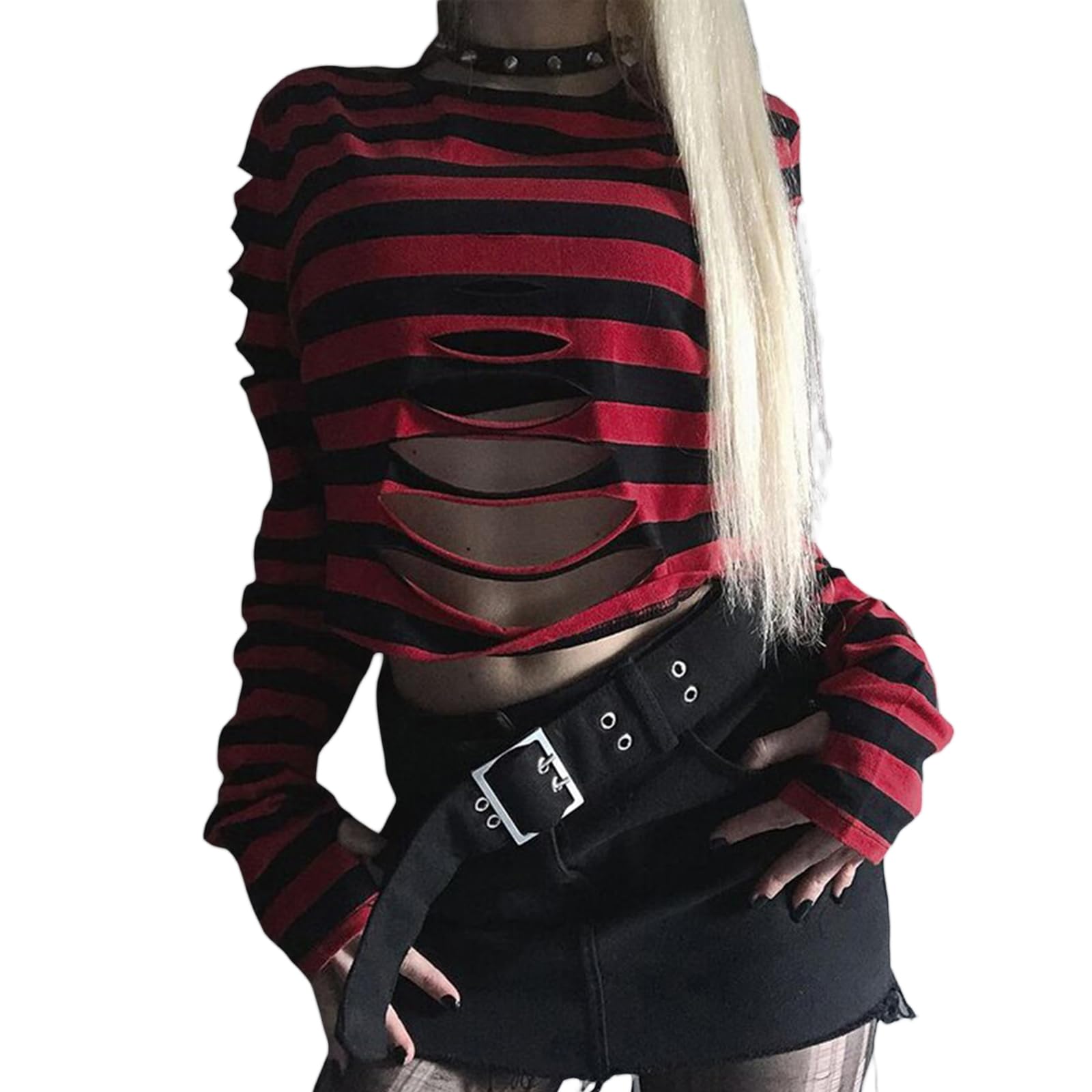 HzDazrl Women Goth Punk Long Sleeve Crop Top Striped Cutout Crewneck Y2k Grunge T Shirt Halloween Christmas Tee Tops (Red, XL)
