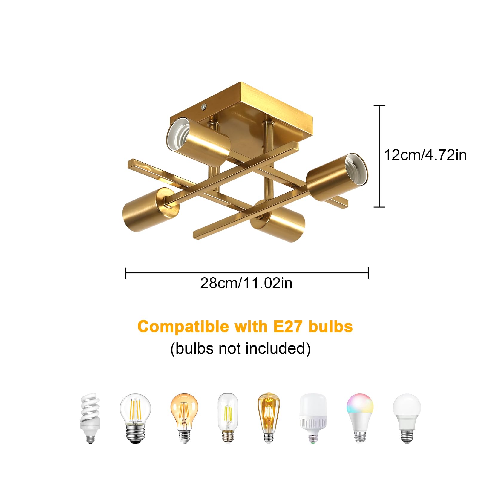 Pheashine Gold Flush Mount Ceiling Light Fixture, 4-Light Industrial Ceiling Light with E27 Bulb Base - Image 2