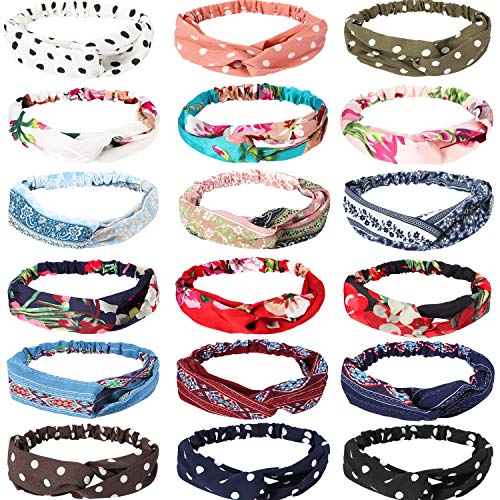 18 Pieces Women Boho Headband Vintage Flower Print Headband Retro Polka Dot Hairband Criss Cross Elastic Head Wrap
