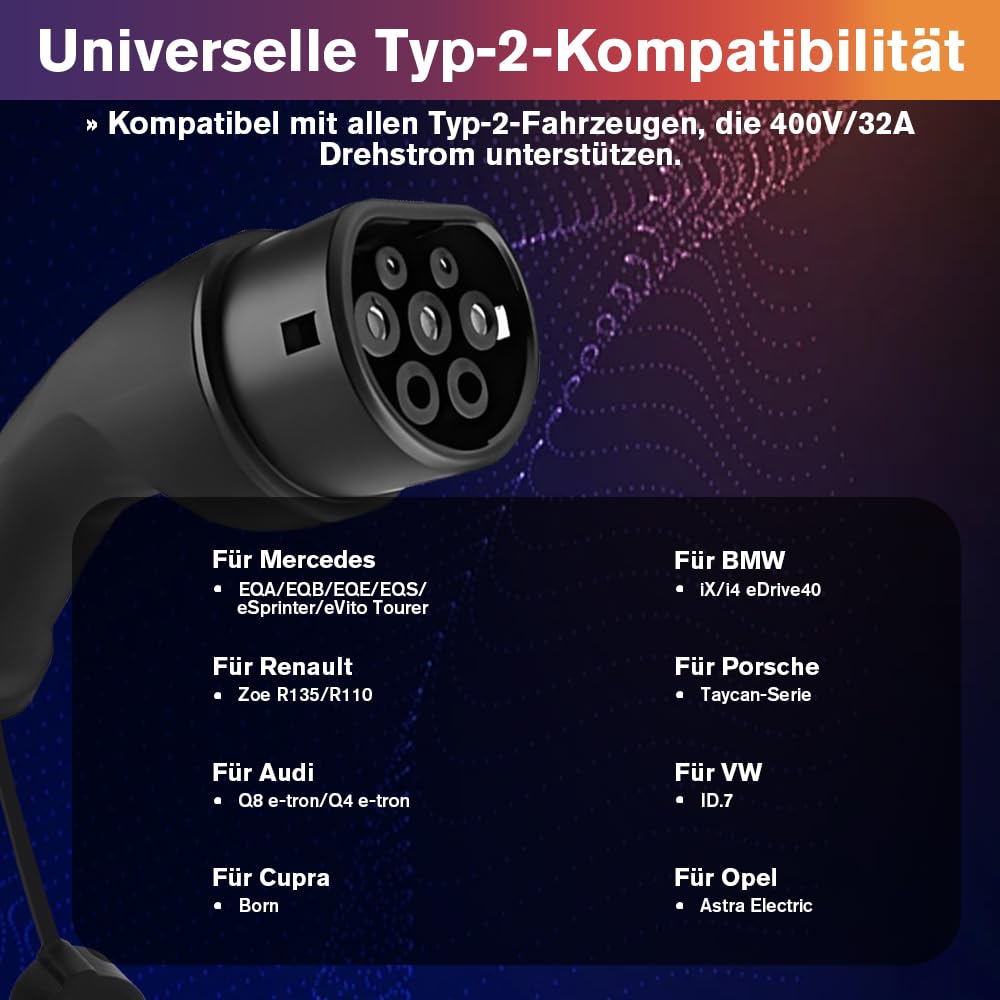 Junsun Typ 2 Ladekabel für EV Elektroauto, 22 kW, 32A, 3-Phasig, 6m Kabel, APP-gesteuert, IP65 wasserdicht, Schnell-Ladegerät für Elektrofahrzeuge